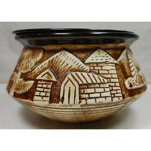 VTG Sunrise Brown Pottery Carved Clay Lid Houses Trees Outdoor 3D Design Glazed - Picture 8 of 12